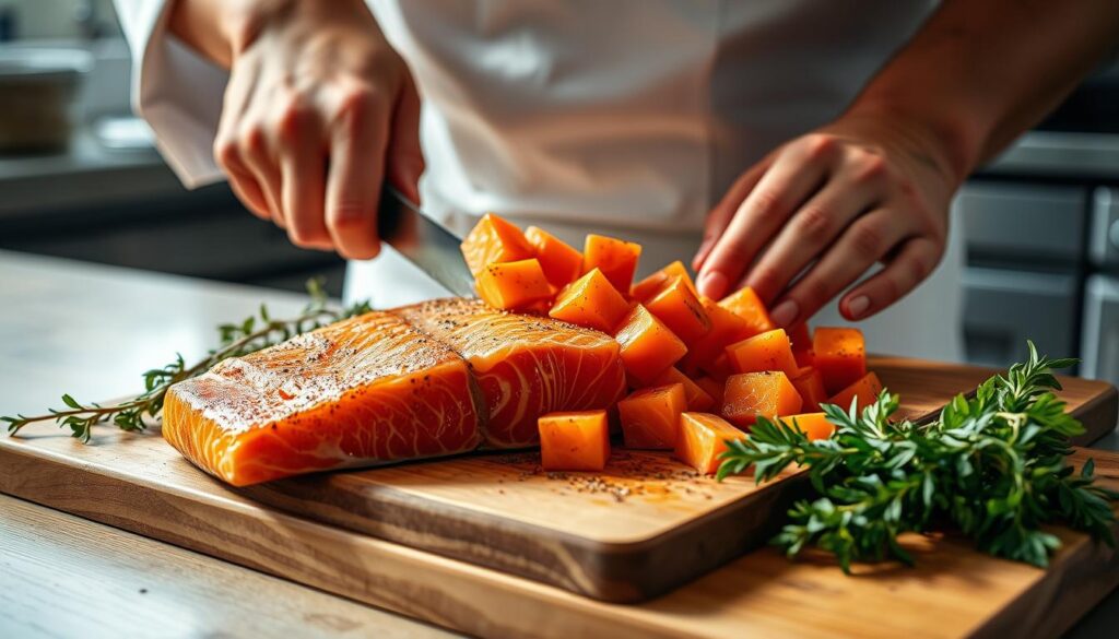 Preparing salmon cubes