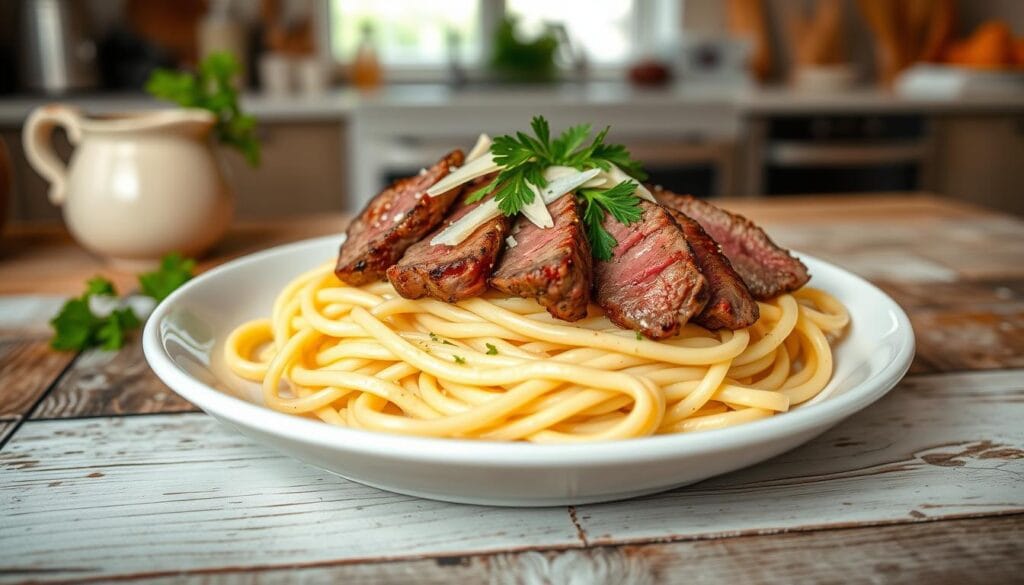 Steak alfredo pasta