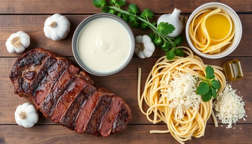 steak and alfredo ingredients